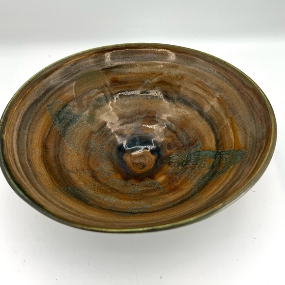 Studio Stoneware Art Pottery Bowl Hand Thrown Earthtone Colors Drip Glaze Signed - Picture 1 of 8